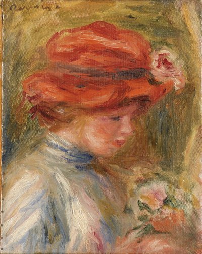 赤い帽子の若い女性 作： Pierre Auguste Renoir