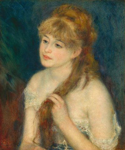 髪を編む若い女性、1876年。 作： Pierre Auguste Renoir