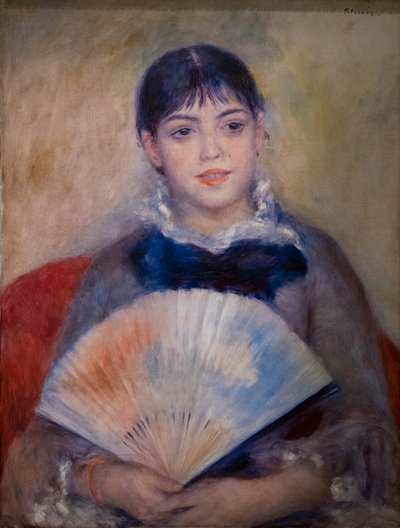 扇風機を持つ若い女性 作： Pierre Auguste Renoir