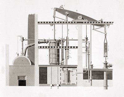 ワットの蒸気機関。スキーマ。19世紀のエングレービング 作： Unknown artist