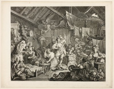 納屋でドレスアップする女優を散歩 作： William Hogarth