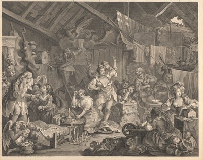 納屋でドレスアップする女優を散歩 作： William Hogarth