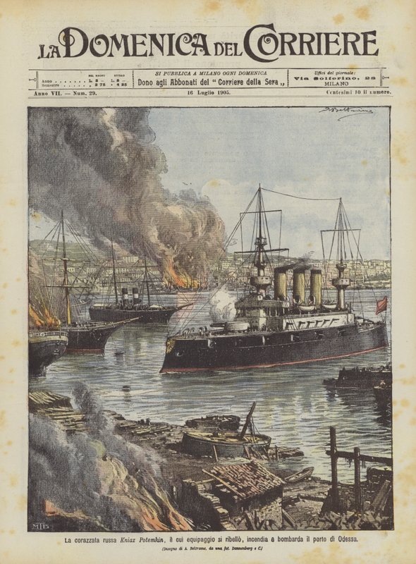 乗組員が反逆したロシアの戦艦クニアズポチョムキンがオデッサの港を攻撃し、砲撃します 作： アキレ・ベルトラーメ