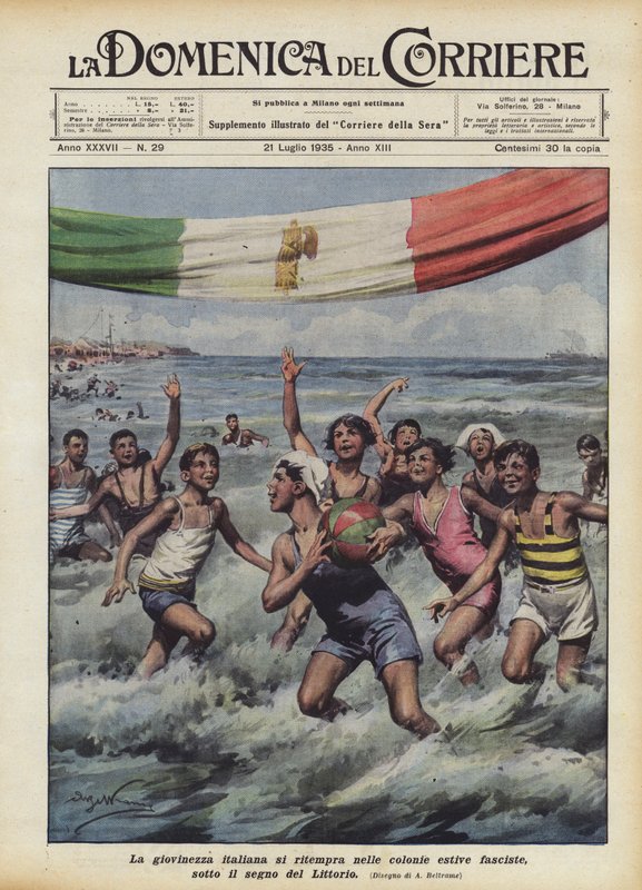 イタリアの若者は、リトリオの看板の下で、ファシストの夏の植民地で休んでいます 作： アキレ・ベルトラーメ