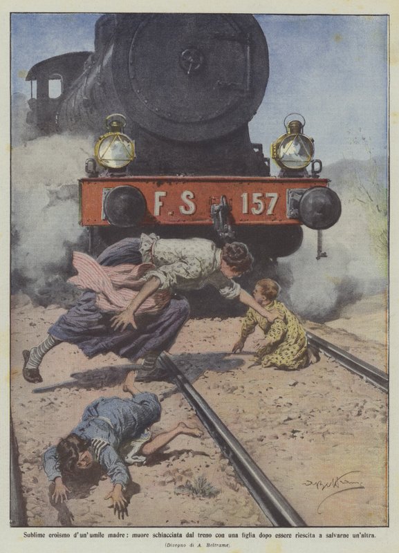 崇高な英雄的な母親、成功した後、娘と一緒に電車で押しつぶされて死ぬ？ 作： アキレ・ベルトラーメ