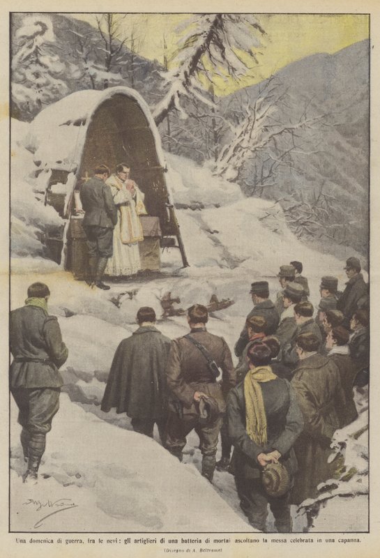 戦争の日曜日、雪の中で、迫撃砲の砲手の砲手はミサを聞いていますか？ 作： アキレ・ベルトラーメ