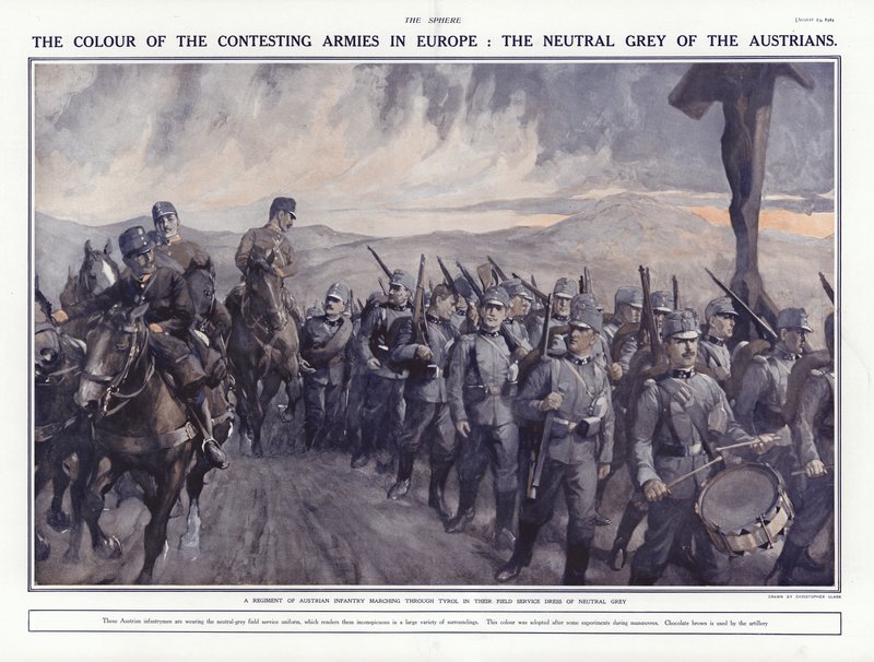 1914年の第一次世界大戦、チロルを行進するオーストリアの兵士 作： アディソン・トーマス・ミラー