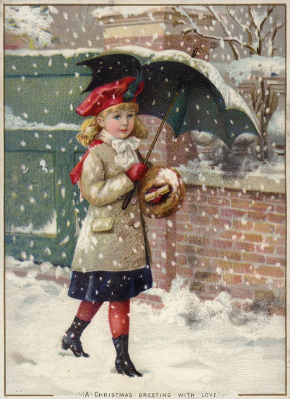 雪のシャワーで傘を持つ少女 作： アメリカの学校