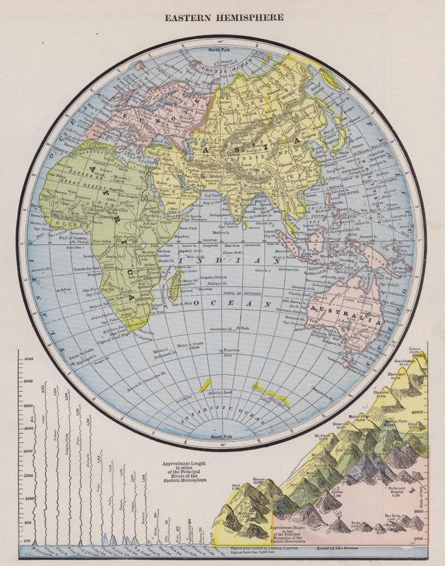 東半球の地図(彩色済み彫刻) 作： アメリカの学校