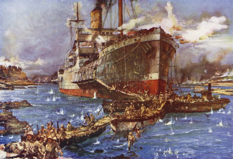 1915年4月25日、トルコのガリポリ半島のVビーチにあるクライド川からの軍の上陸 作： チャールズ・エドワード・ディクソン