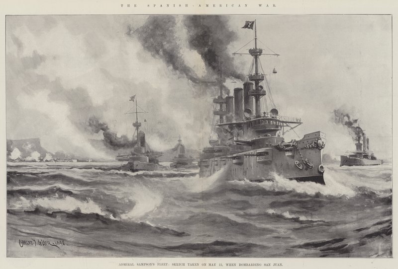 5月12日、サンファンを砲撃したときに撮影された、スペインとアメリカの戦争、サンプソン提督の艦隊、スケッチ 作： チャールズ・ジョン・ド・レイシー