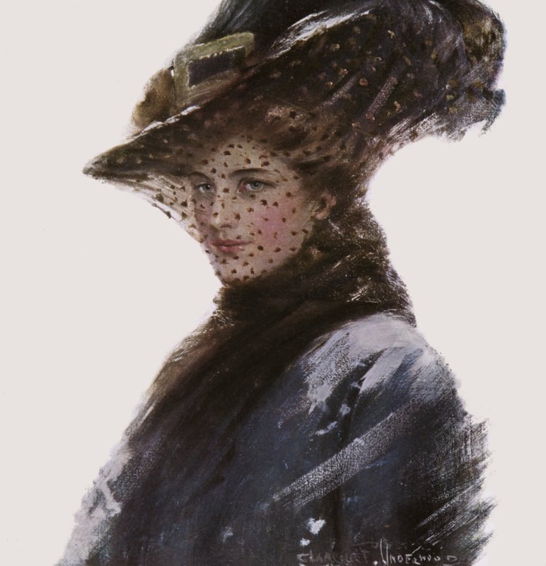 帽子とベールを身に着けている女性の肖像画 作： クラレンス・F・アンダーウッド