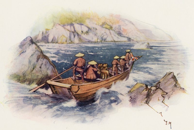 急流を撃つ、日本（カラーリトグラフ） 作： ドナルド（後）マクスウェル