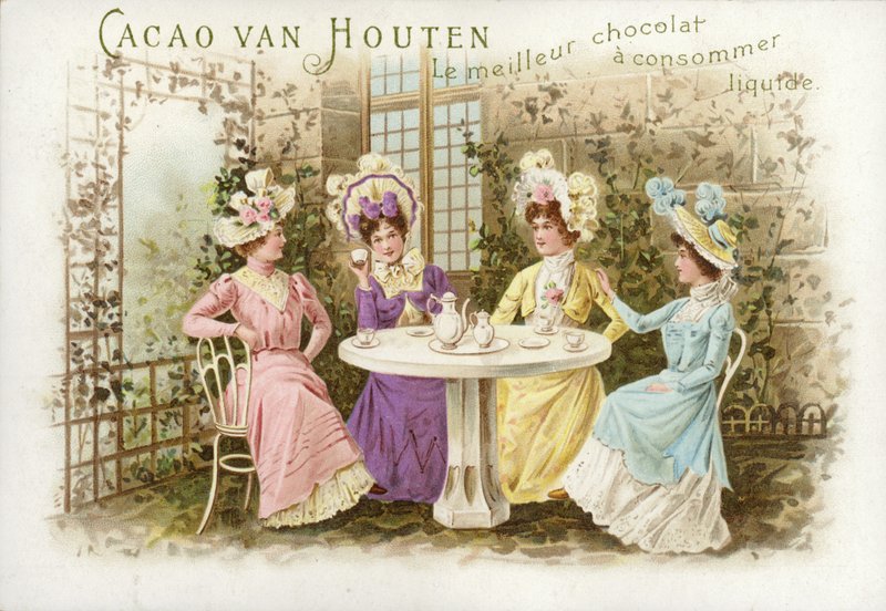 庭にいる女性、チョコレートを飲む 作： オランダ語学校