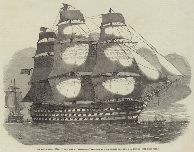バルト海の艦隊、1855年、ウェリントン公、フラッグシップオブリア海軍提督、RSダンダス 作： エドウィン・ウィードン