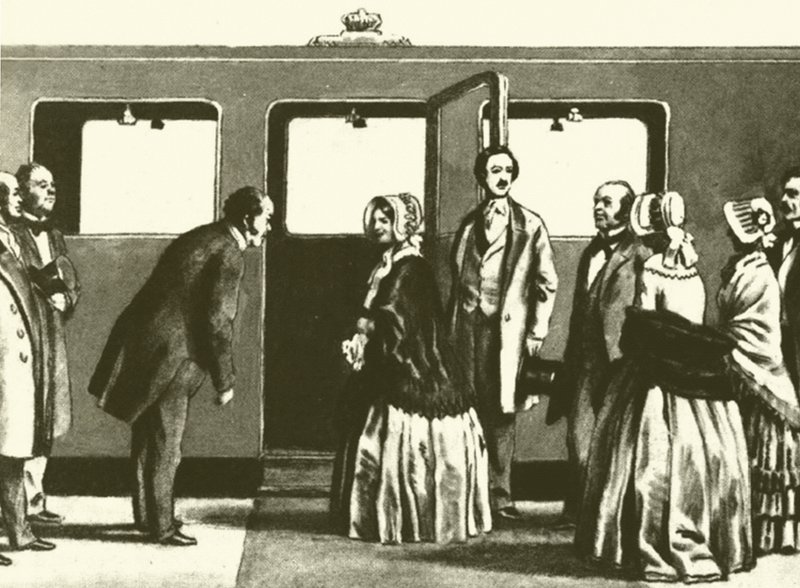 鉄道王ジョージハドソンは、ビクトリア女王とアルバート王子に頭を下げた。 作： 英語学校