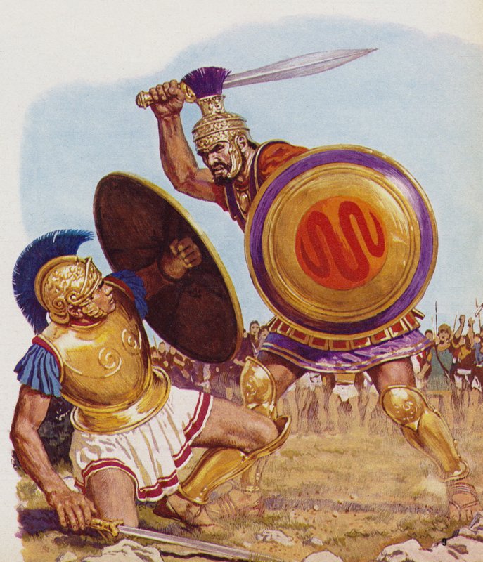 戦闘中のパリ（左）とメネラウス 作： 英語学校