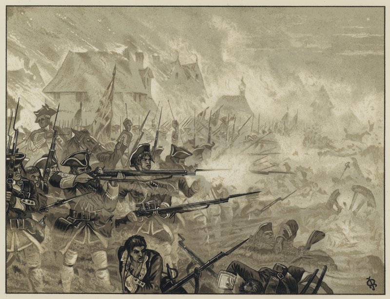 1745年5月11日、フォンテノイからの撤退をカバーするために支援するフォンテノイでの34回目（ショルモンドレイズ連隊） 作： 英語学校