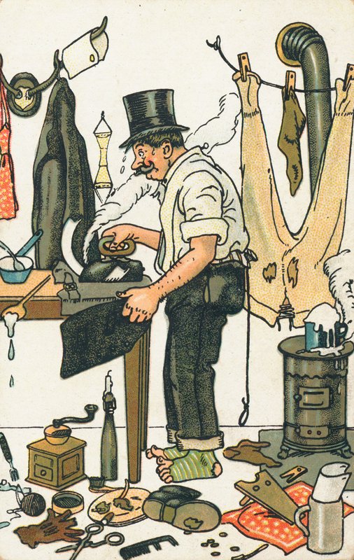 服をアイロンをかける男性 作： 英語学校