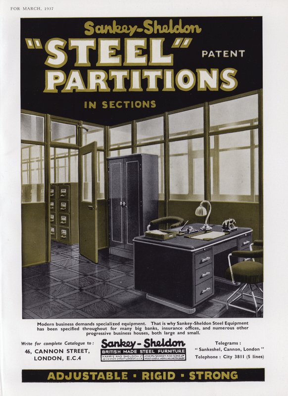 Sankey-Sheldonスチールパーティションの広告、1937 作： 英語学校