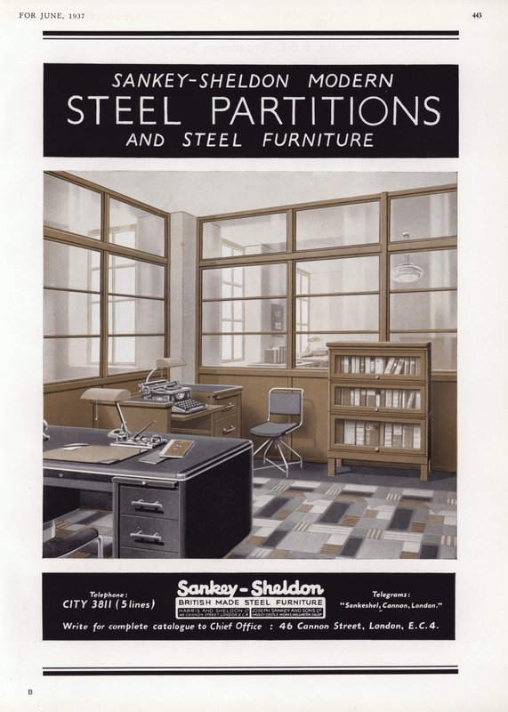 Sankey-Sheldonスチールパーティションの広告、1937 作： 英語学校
