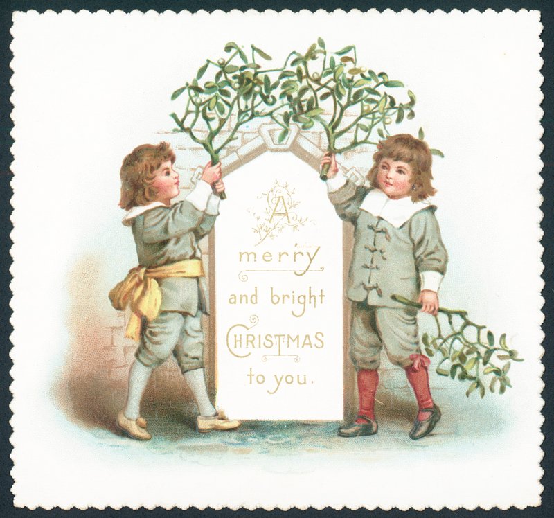 ヤドリギにぶら下がっている男の子、クリスマスカード 作： 英語学校