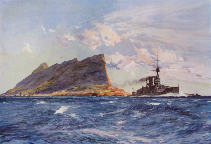 ジブラルタル沖のイギリス戦艦（カラーリトグラフ 作： 英語学校