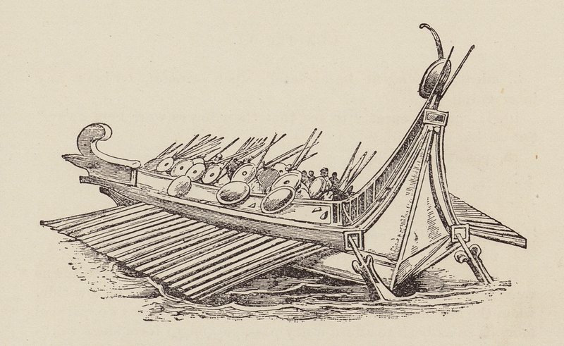 カエサル、ガリア戦争：ローマの軍艦（リトグラフ） 作： 英語学校