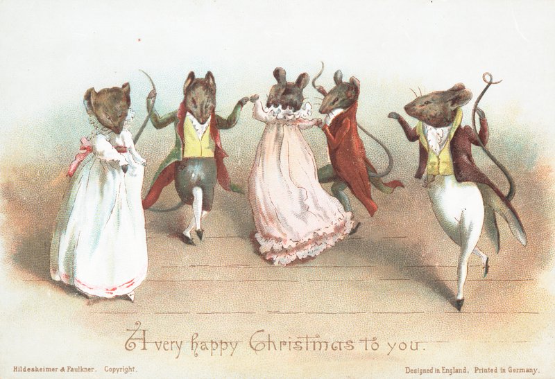 服を着て踊るマウス、クリスマスカード 作： 英語学校