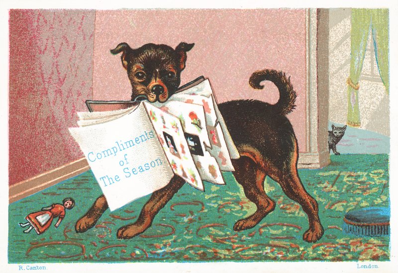 口の中に本を持つ犬、クリスマスカード 作： 英語学校