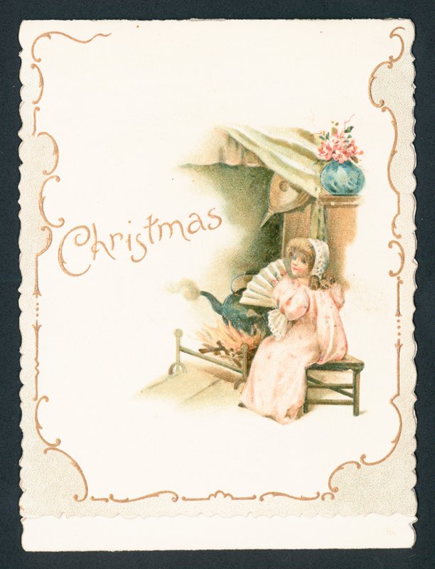 火のそばに座っている女の子、クリスマスカード 作： 英語学校