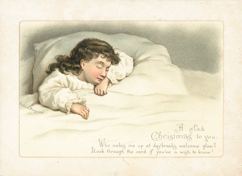 ベッド、クリスマスカードで眠っている少女 作： 英語学校