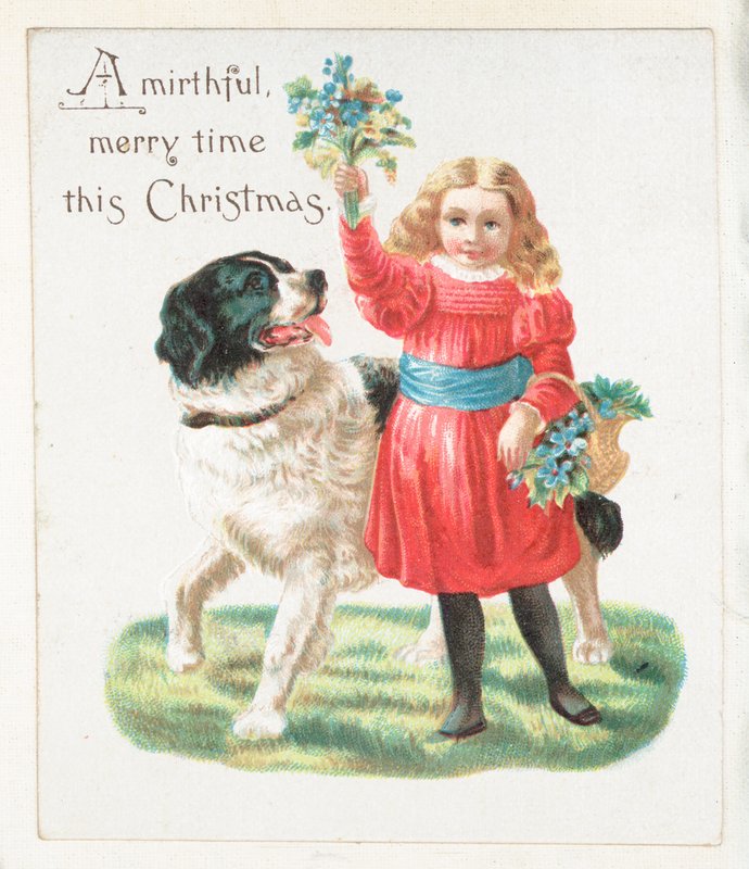花、クリスマスカードを持つ少女からかい犬 作： 英語学校