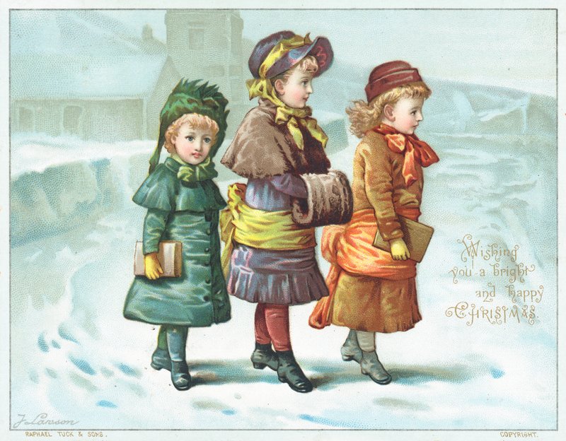雪の中を歩く女の子、クリスマスカード 作： 英語学校