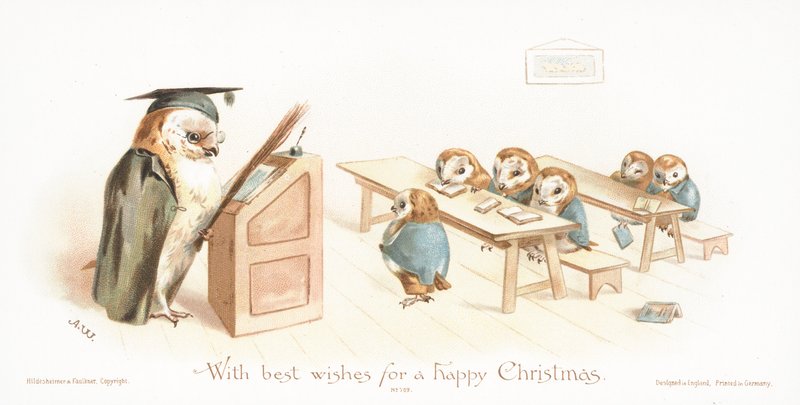 教室でフクロウを教えるフクロウ！クリスマスカード 作： 英語学校