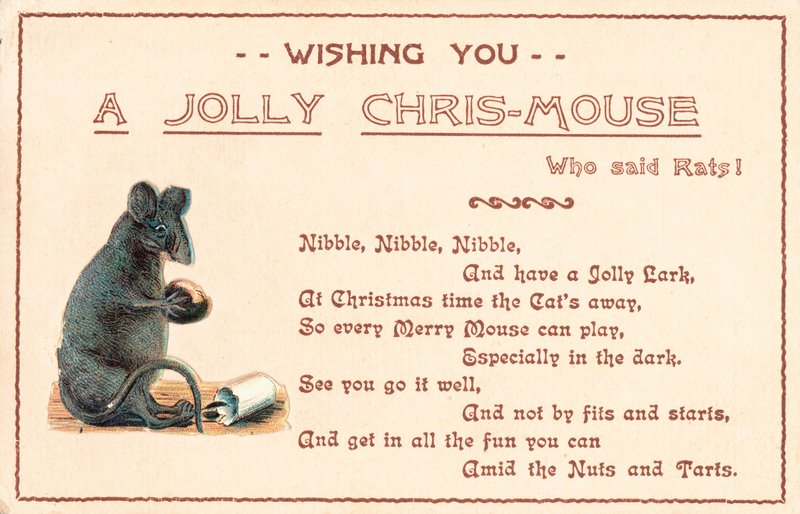 灰色のマウス、クリスマスカードを座っています。 作： 英語学校