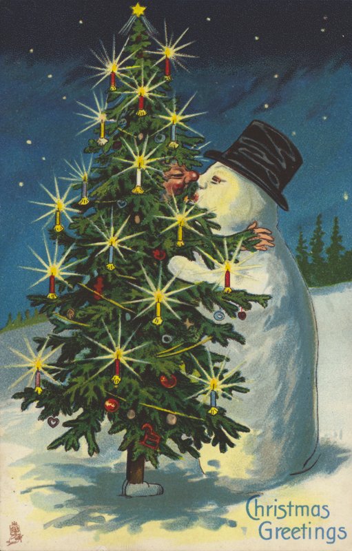 雪だるまとクリスマスツリーのキス (chromolitho) 作： 英語学校