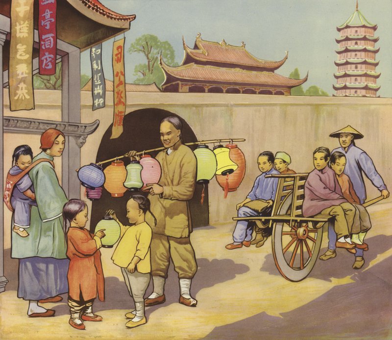 中国の街並み（カラーリトグラフ 作： 英語学校