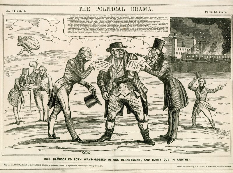 ロンドン塔の火、1841年。漫画 作： 英語学校