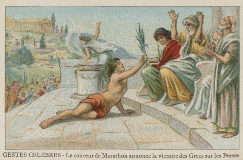ファイディッピデスは紀元前490年のマラソンでペルシャ人に対するギリシャ人の勝利のニュースをもたらします 作： ヨーロピアンスクール