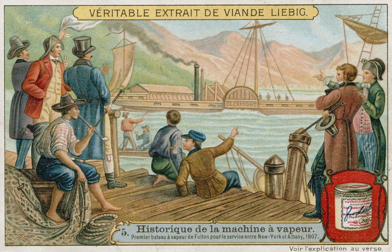 1807年、ニューヨークとアルバニー間のサービス用のロバートフルトンズ最初のパドルスチーマー 作： ヨーロピアンスクール