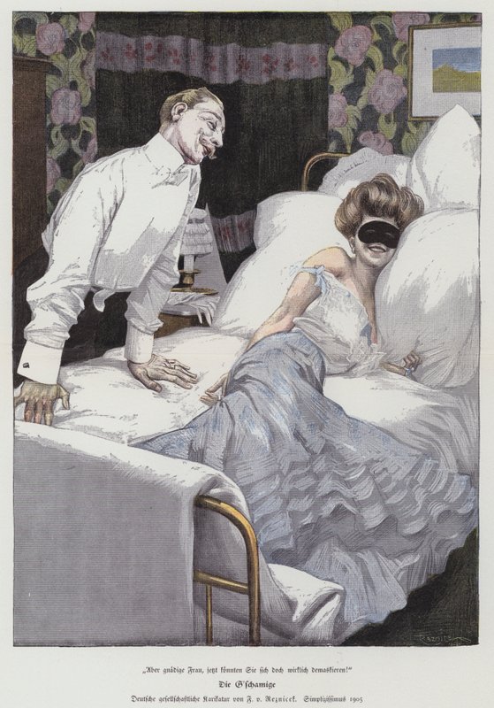 ベッドで覆面をした女性と話している男性、1905 作： フェルディナンド・フォン・レズニチェク