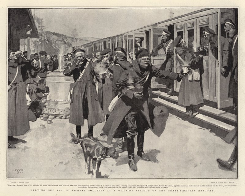 トランスシベリア鉄道の道の駅でロシアの兵士にお茶を出す 作： フランククレイグ