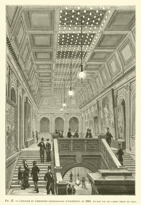 エジソンとスワンのランプに照らされた1881年の国際電気展覧会の階段 作： フランス語学校
