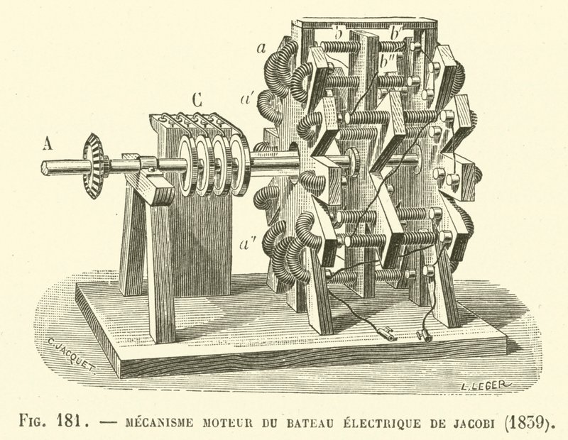 ヤコビ電気ボートのモーターメカニズム、1839年 作： フランス語学校