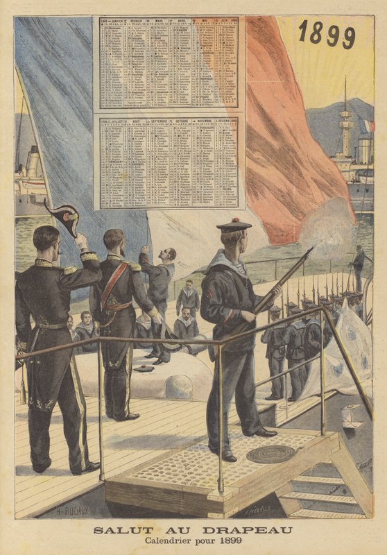旗に敬礼します。 1899年のカレンダー 作： フランス語学校