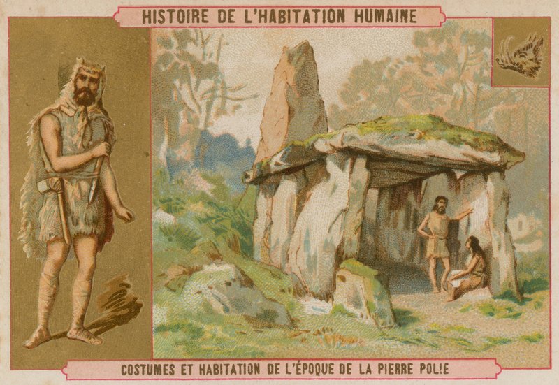石器時代の男の服と家 作： フランス語学校