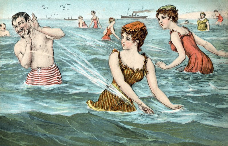 海で男をはねかける女の子 作： フランス語学校