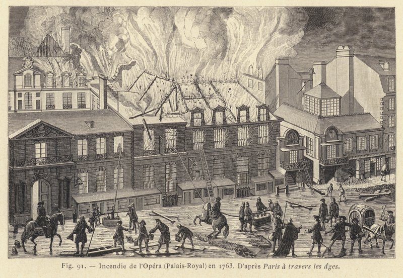 1763年、パレ・ロワイヤルのオペラ座で起きた火災（版画 作： フランス語学校