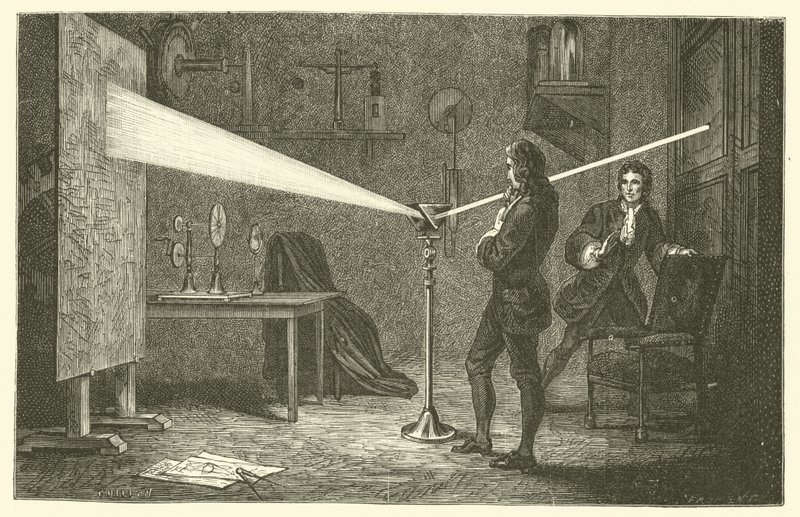 アイザック・ニュートンが光を分解する様子（彫刻 作： フランス語学校